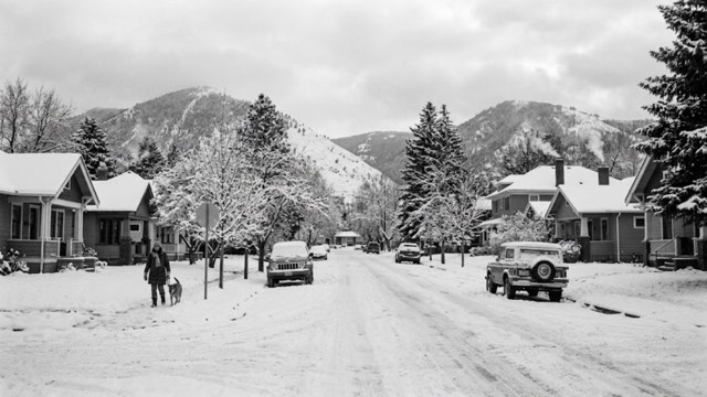Snow-covered residential rooftops in Missoula, Montana